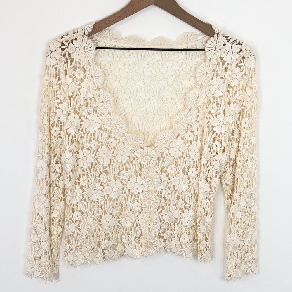 Surrealist Floral Lace Cardigan Women Small Button Up 3/4 Sleeve Champagne